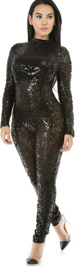 Sequins Long Sleeve High Neck See-Through Club Long Jumpsuit