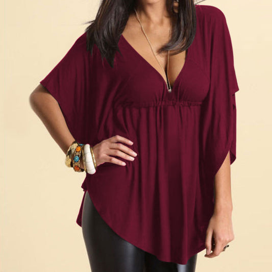 Deep V-neck Loose Drop Hem Pure Color Plus Size Blouse