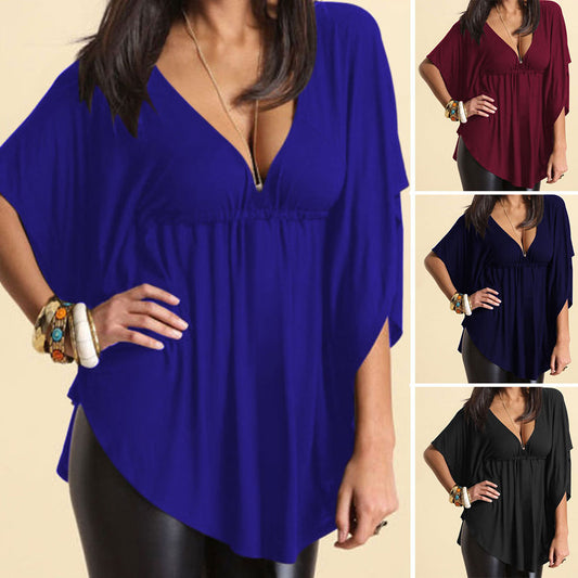 Deep V-neck Loose Drop Hem Pure Color Plus Size Blouse