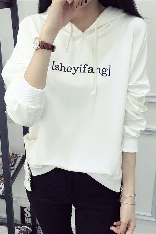 Letter Print Pockets Solid Color Loose Sport Hoodie