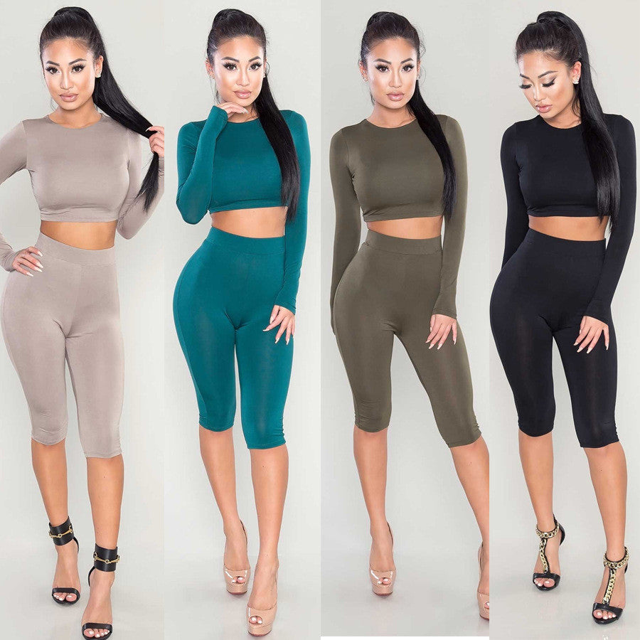 Scoop Crop Top Knee-length Pant Pure Color Two Pieces Set