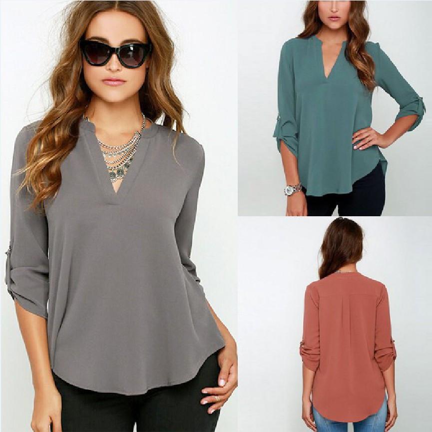 V-neck Chiffon Wrinkle Loose Plus Size Blouse - Meet Yours Fashion - 1