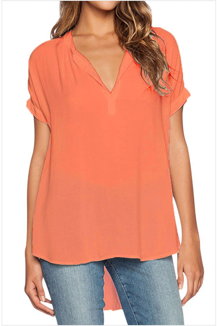 V-neck Pure Color Short Sleeves Loose Chiffon Blouse