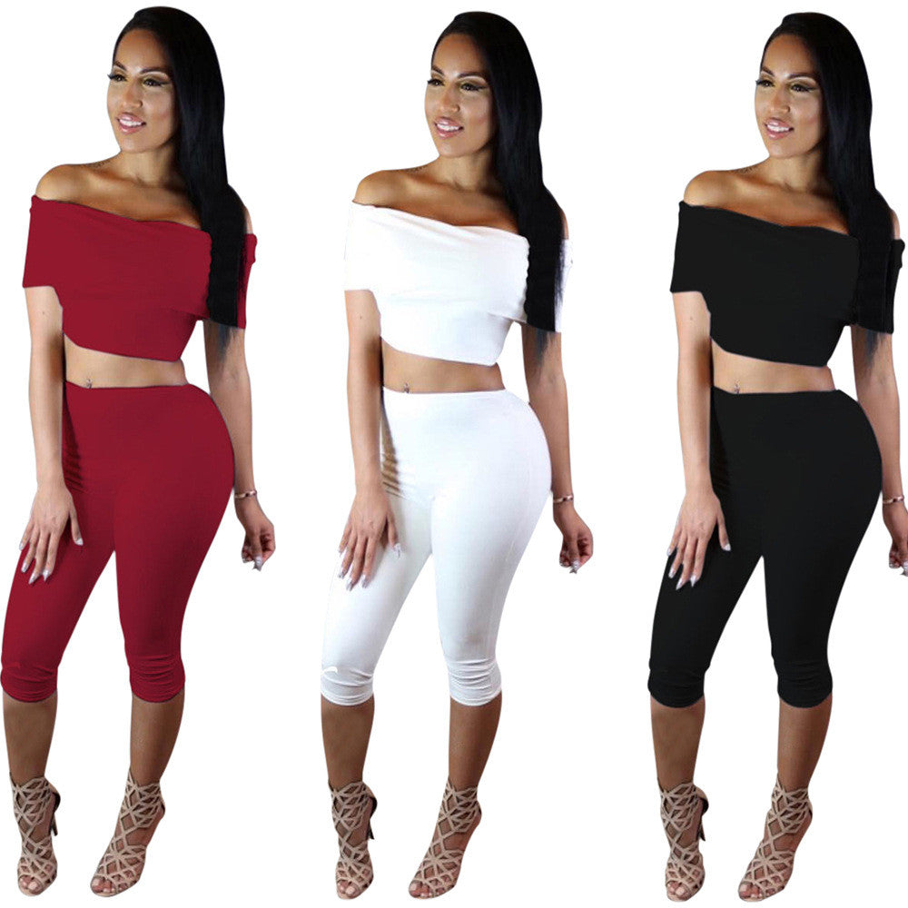 Strapless Short Sleeves Crop Top 3/4 Pants Two Pieces Set