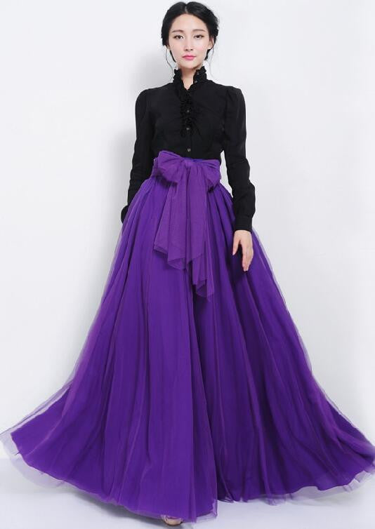Pure Color Multi-Layer Mesh Long Skirt With Lace Belt