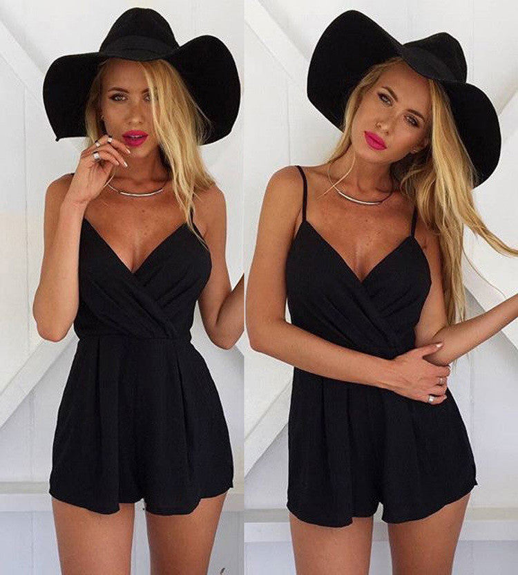 Black Spaghetti Strap Wrap Style Back Zipper Short Jumpsuit