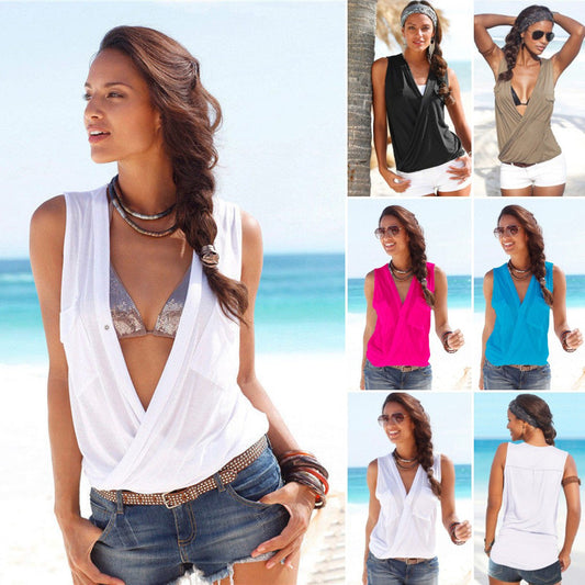 Deep V-neck Sleeveless Strap Cross Sexy Blouse