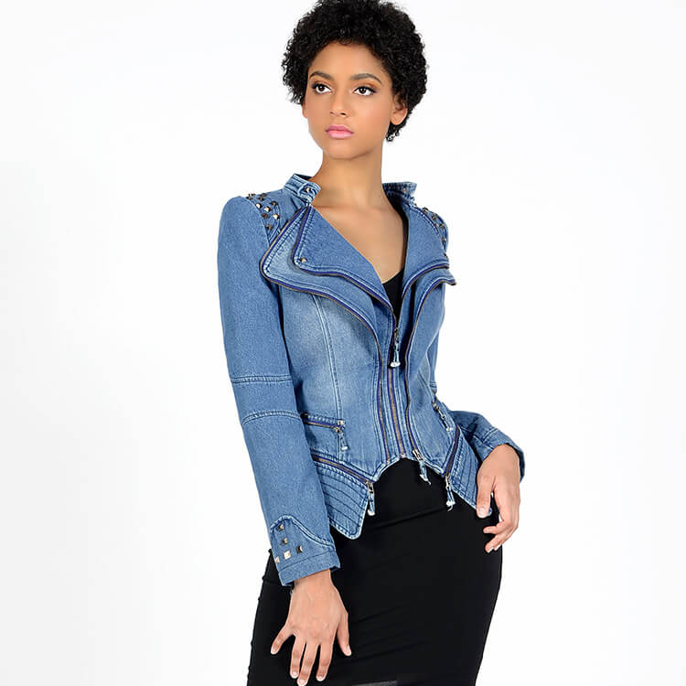 Rivet Studded Denim Moto Jacket