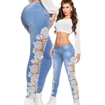 Lace Patchwork Bodycon Slim Low Waist Straight Jeans - Meet Yours Fashion - 1