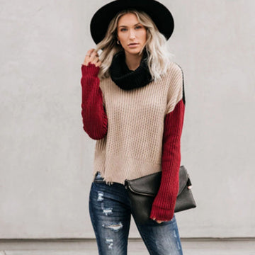 Distressed Turtleneck Colorblock Ribbed Sweater