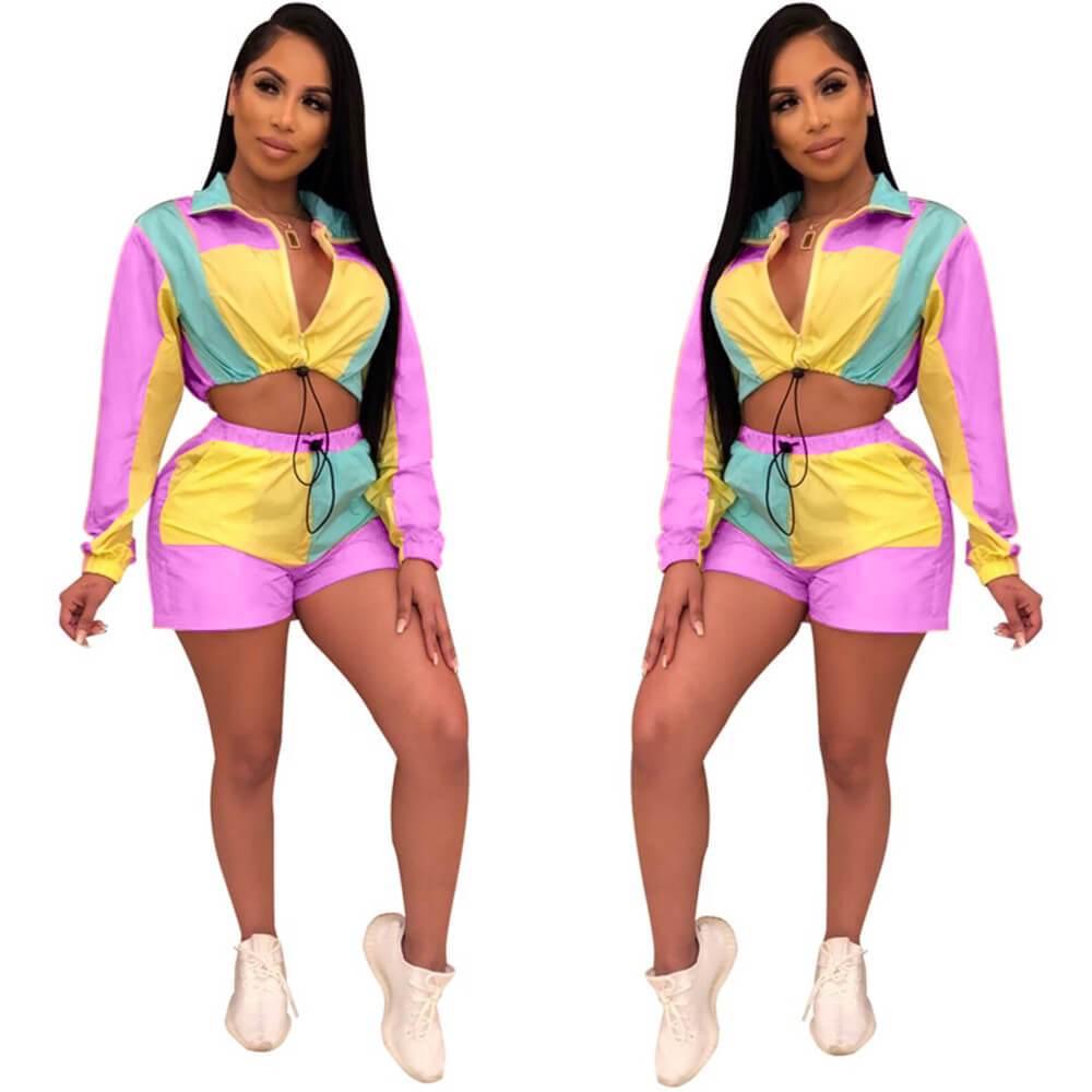 V-neck Crop Top High Waist Patchwork Shorts Set