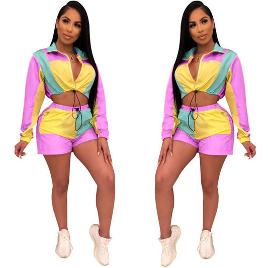 V-neck Crop Top High Waist Patchwork Shorts Set