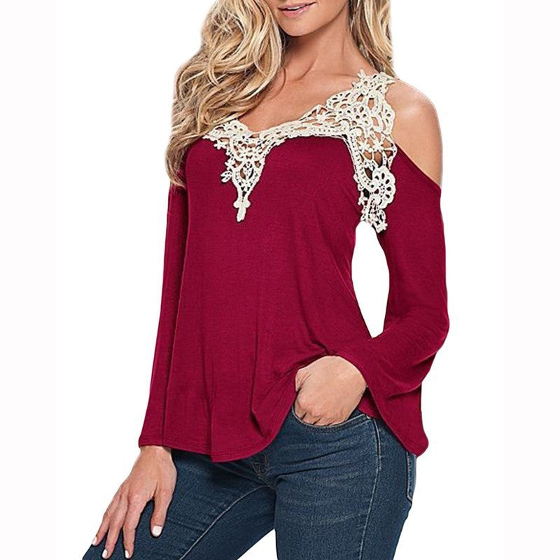 Sexy V-neck Long Sleeves Lace Patchwork Off-shoulder Blouse