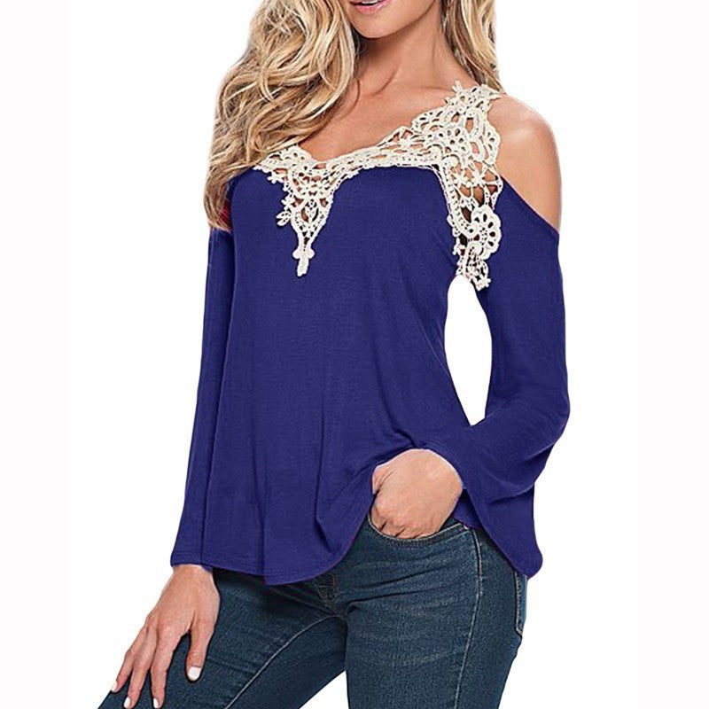 Sexy V-neck Long Sleeves Lace Patchwork Off-shoulder Blouse