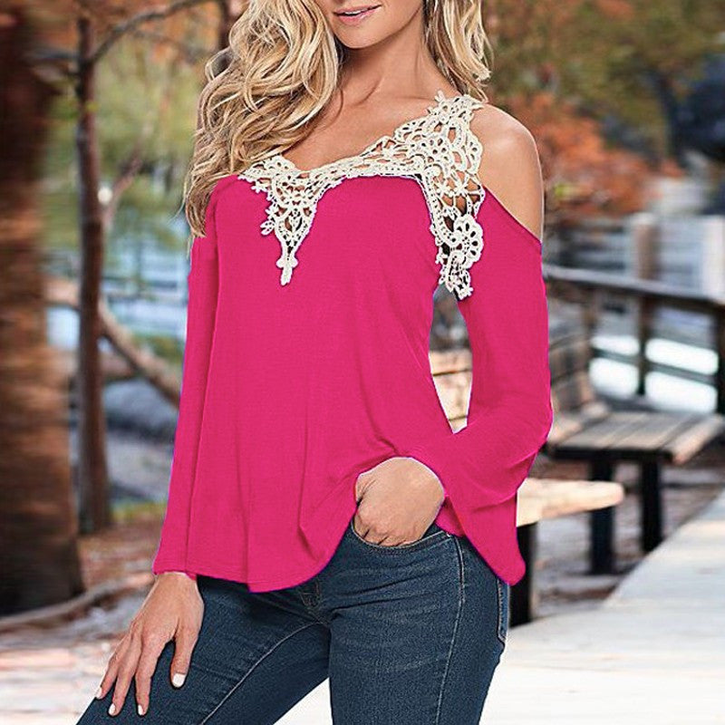 Sexy V-neck Long Sleeves Lace Patchwork Off-shoulder Blouse