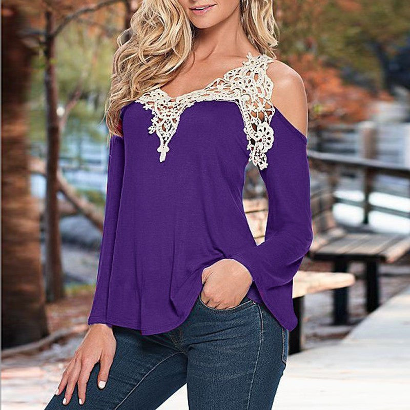 Sexy V-neck Long Sleeves Lace Patchwork Off-shoulder Blouse