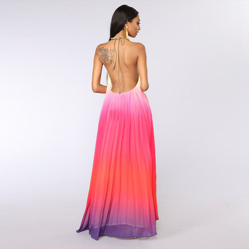 Halter Backless Gradient Large Hem Pleated Dress