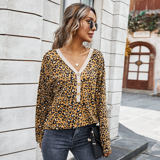 Leopard Half Button Knitted Top