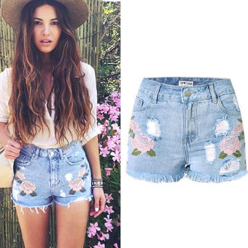 Slim High Waist Rough Edges Tassel 3D Embroidery Plus Size Shorts - Meet Yours Fashion - 1