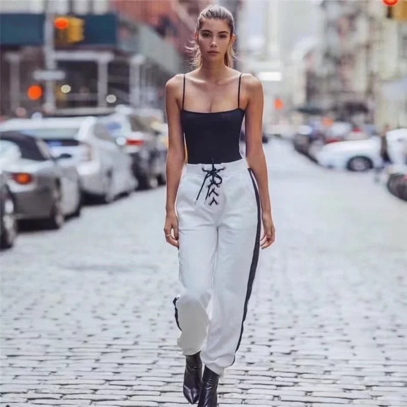 Straps Lace Up Patchwork High Waist Slim Casual Pants