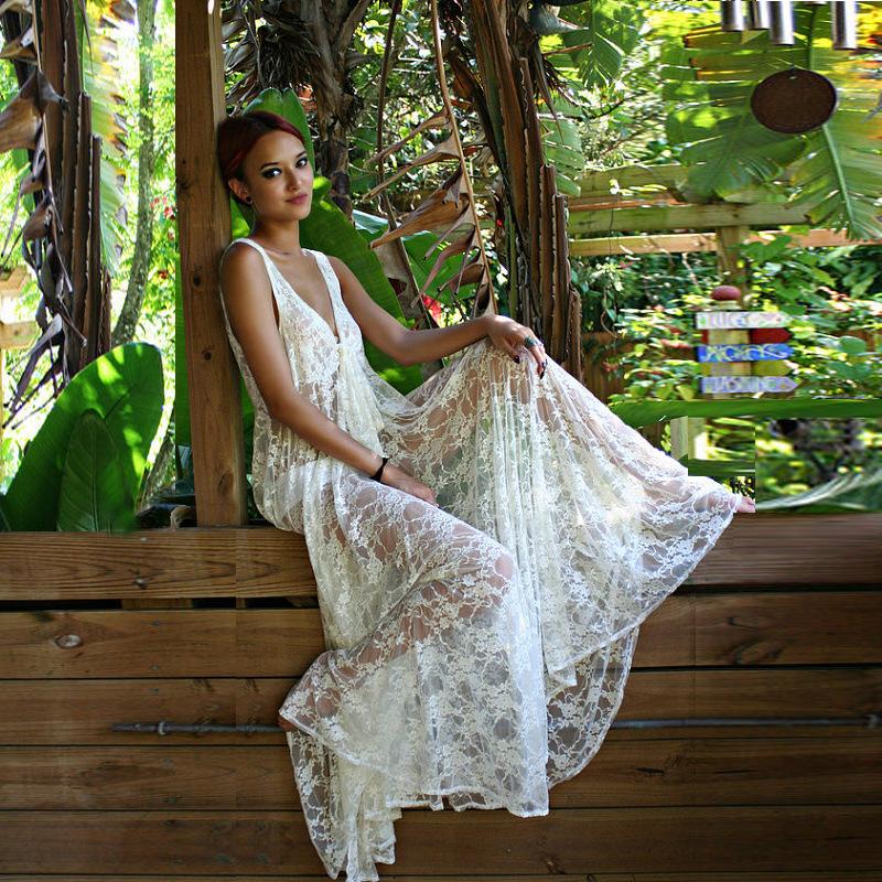 Transparent V-neck Lace Long Dress Bikini Cover UP
