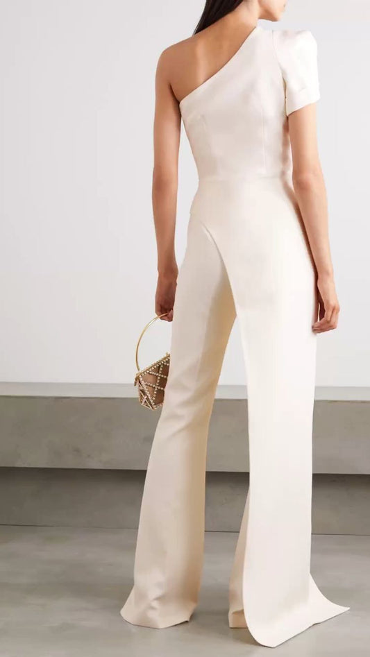 Diagonal Shoulder Jumpsuit Solid Trousers