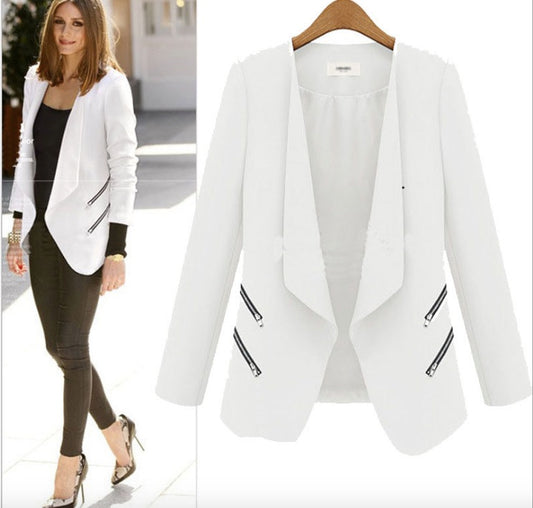 Fashion Zipper Long Sleeves Slim Short Plus Size Blazer Coat