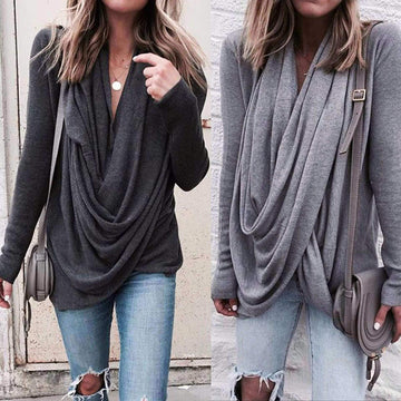 Irregular V-neck Drapped Long Sleeves Loose Long Blouse