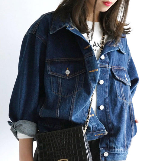 Letter Print Long Sleeves Pure Color Label Loose Denim Jacket