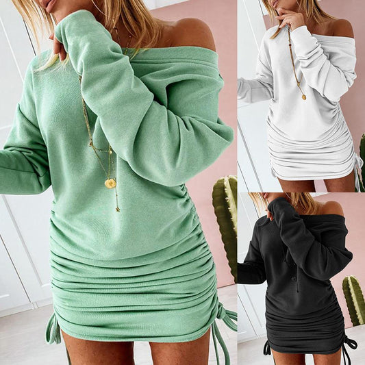 Scoop Neck Long Sleeve Bodycon Drawstring Dress