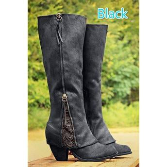 Lace Suede Patchwork Side Zipper Chunky Low Heels Knee Boots