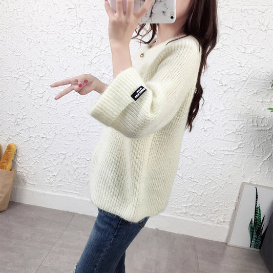 3/4 Sleeves Pure Color Scoop Regular Sweater