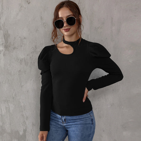 Solid round neck stitching slim T-shirt