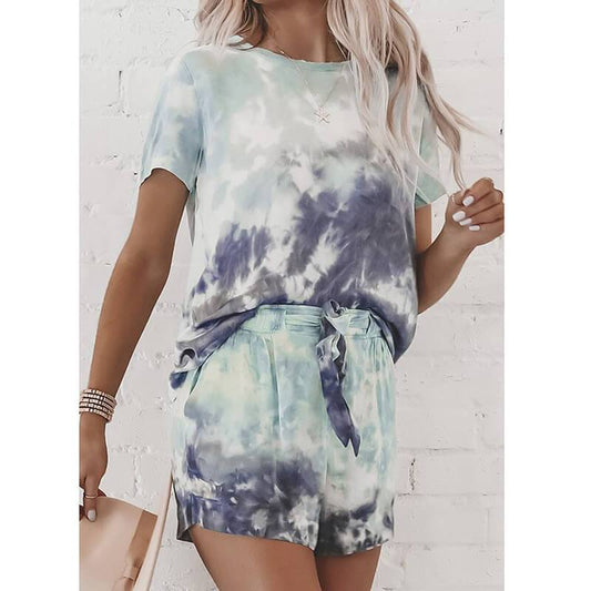 Tie-dye Bandage Short Sleeve Blouse Short Pants Sets