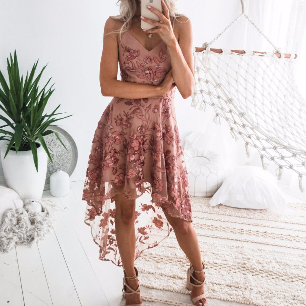 Embroidery Lace Stitching Irregular hem Party Dress
