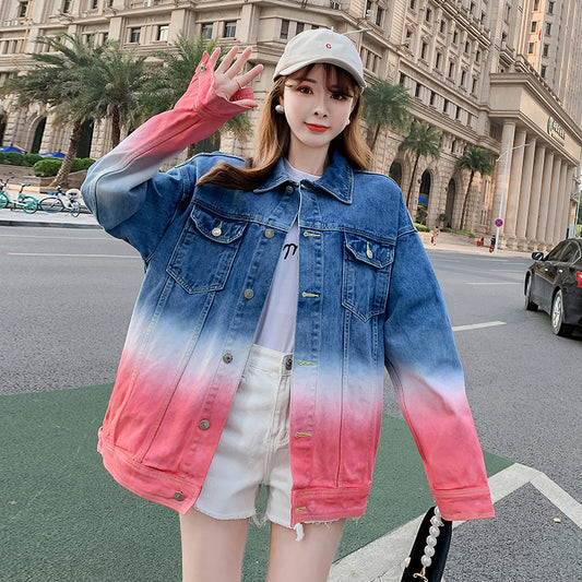 Pink Gradient Denim Jacket Loose Jacket Tie Dyed Men's And Women's Lovers Jacket