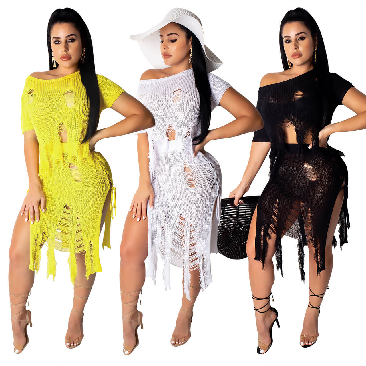 Short Sleeves Pure Color Scoop Long Sweater