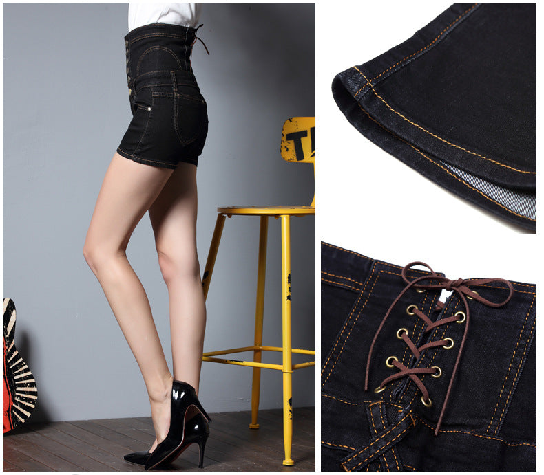 Plus Size High Waist Pure Color Bandage denim Slim Shorts