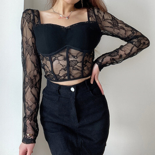 Black Lace Long Sleeve Blouse