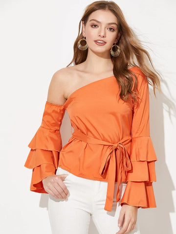 Slim One Shoulder Bandage Long Ruffles Sleeves Blouse