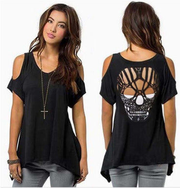 Scoop Bear Shoulder Irregular Pure Color Short Sleeves Skull T-shirt