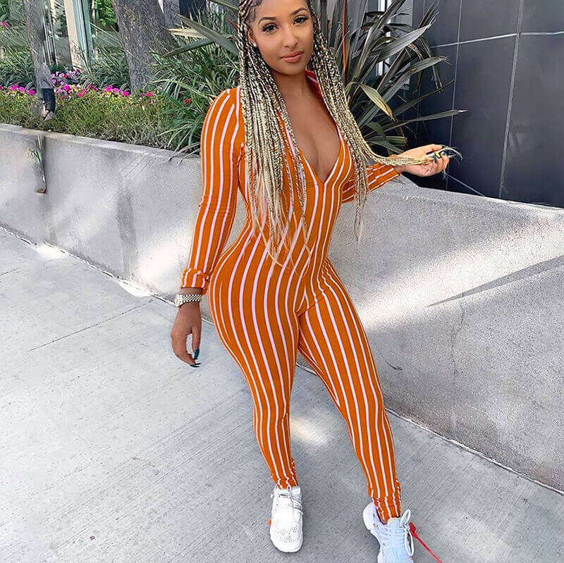 Fluorescent Color Striped V-neck Jumpsuit