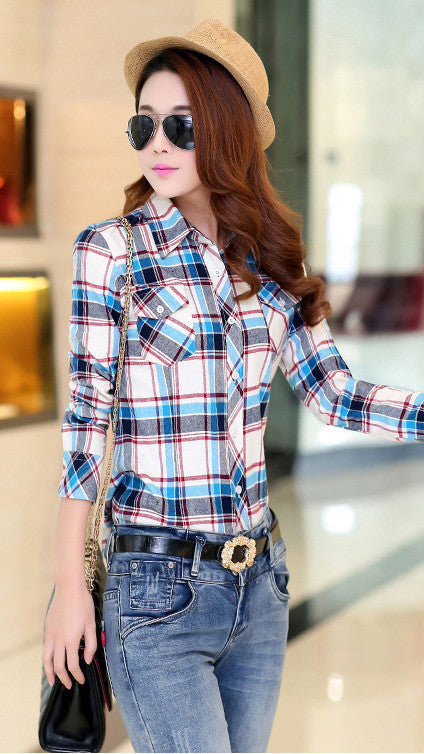 Turn-down Collar Plaid Flower Print Long Sleeves Slim Button Blouse