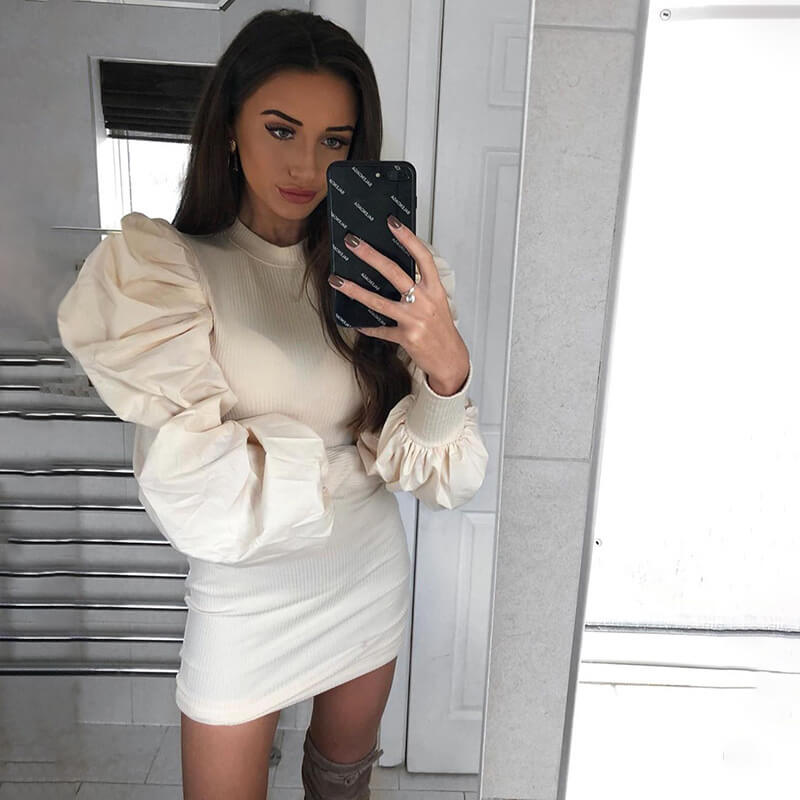 Puff Sleeve Ribbed Bodycon Dress