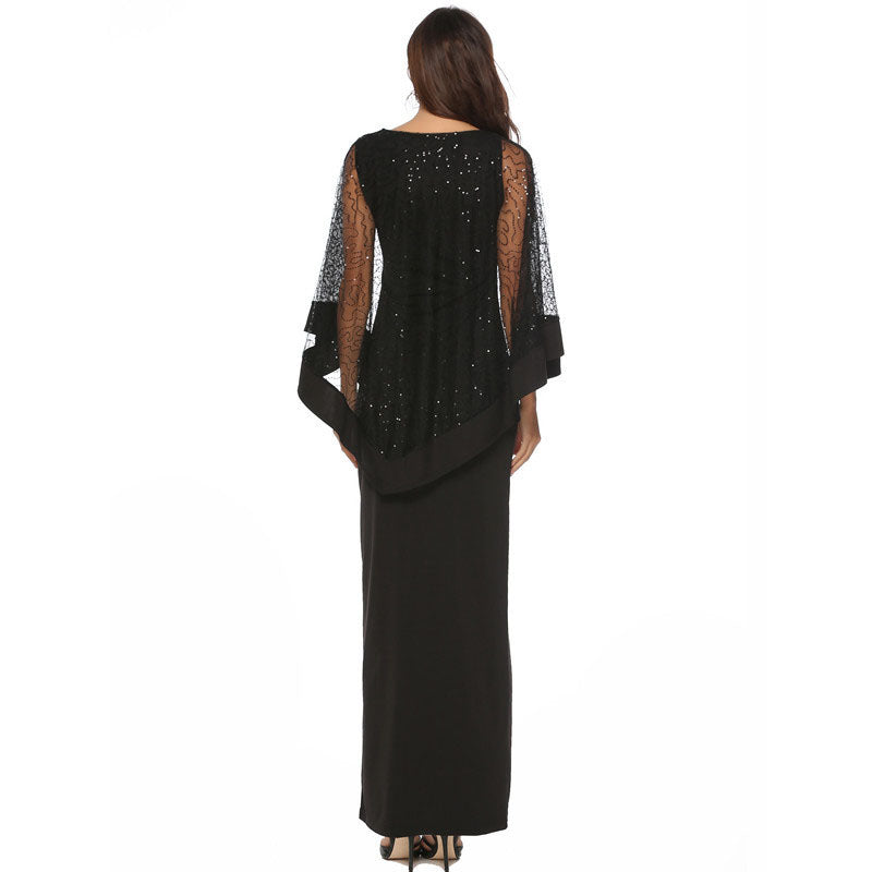 Sequins Mesh Cape Slit Maxi Dress