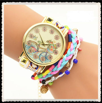 Personality Bike Print Woven Bracelet Watch