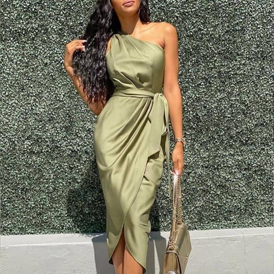 Satin Tight Slash Neck Tie Waist Midi Dress