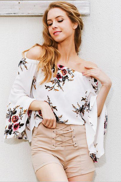 Off Shoulder Flower Print Long Trumpet Sleeves Blouse