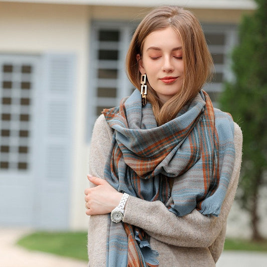 Tassled Imitated Cashmere Warm Plaid Print Shawl Scarf