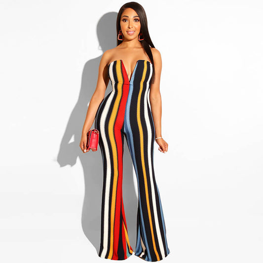 Strapless Stripe Bell Bottom Jumpsuit